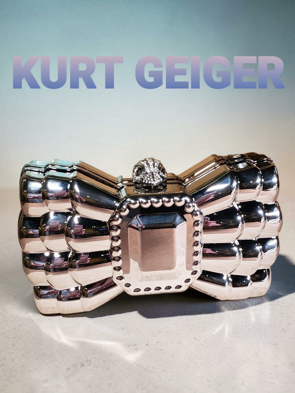 Kurt Geiger Silver Mirror Bow Clutch w/ Shoulder Chain NIB! - Picture 13 of 14